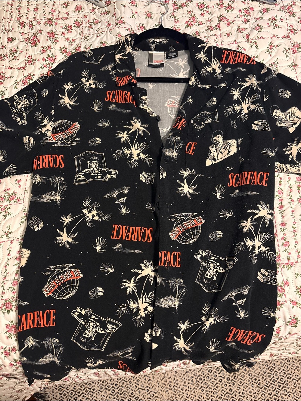 Scarface Graphic Button-Up Shirt - Black with Orange & Cream Print